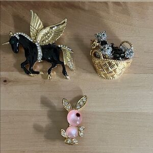 Elegant Brooch Set with Unicorn, Basket, and Bunny